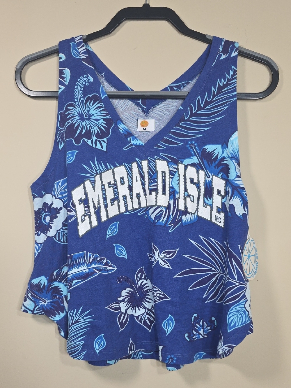 Blue Floral V-Neck Tank Top with 'Emerald Isle' Graphic
